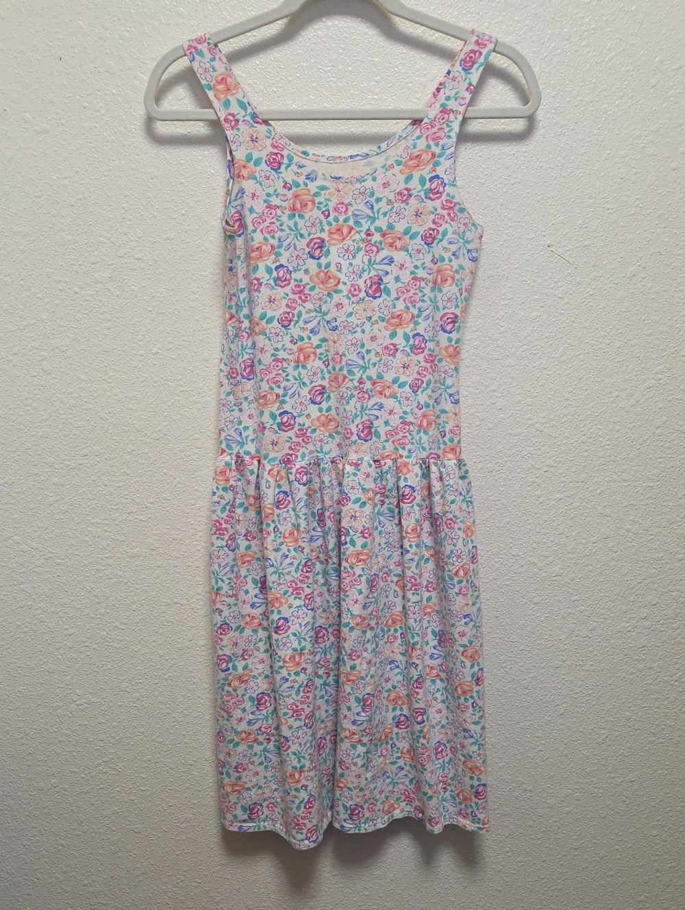 Homemade Floral Tank Midi Dress - White with Pink & Blue Flowers